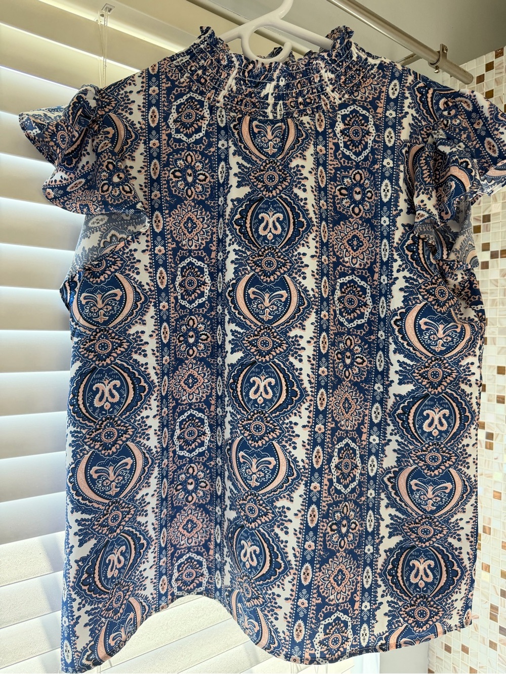 THML Blue and Cream Paisley Smocked Top